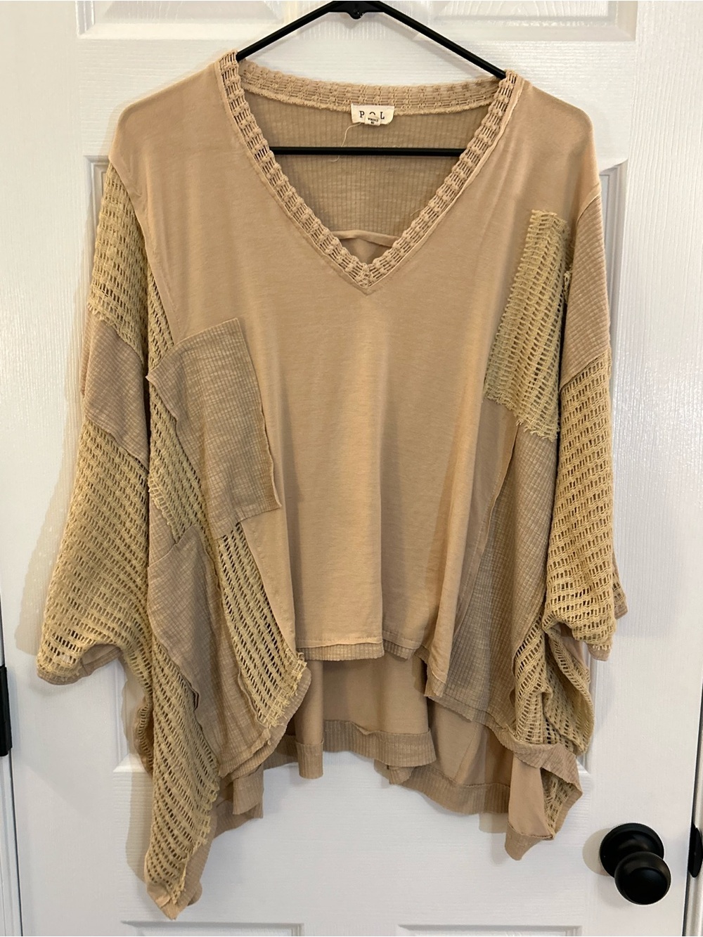 POL Beige Thermal Waffle Knit Crochet Patchwork Oversized Top Medium